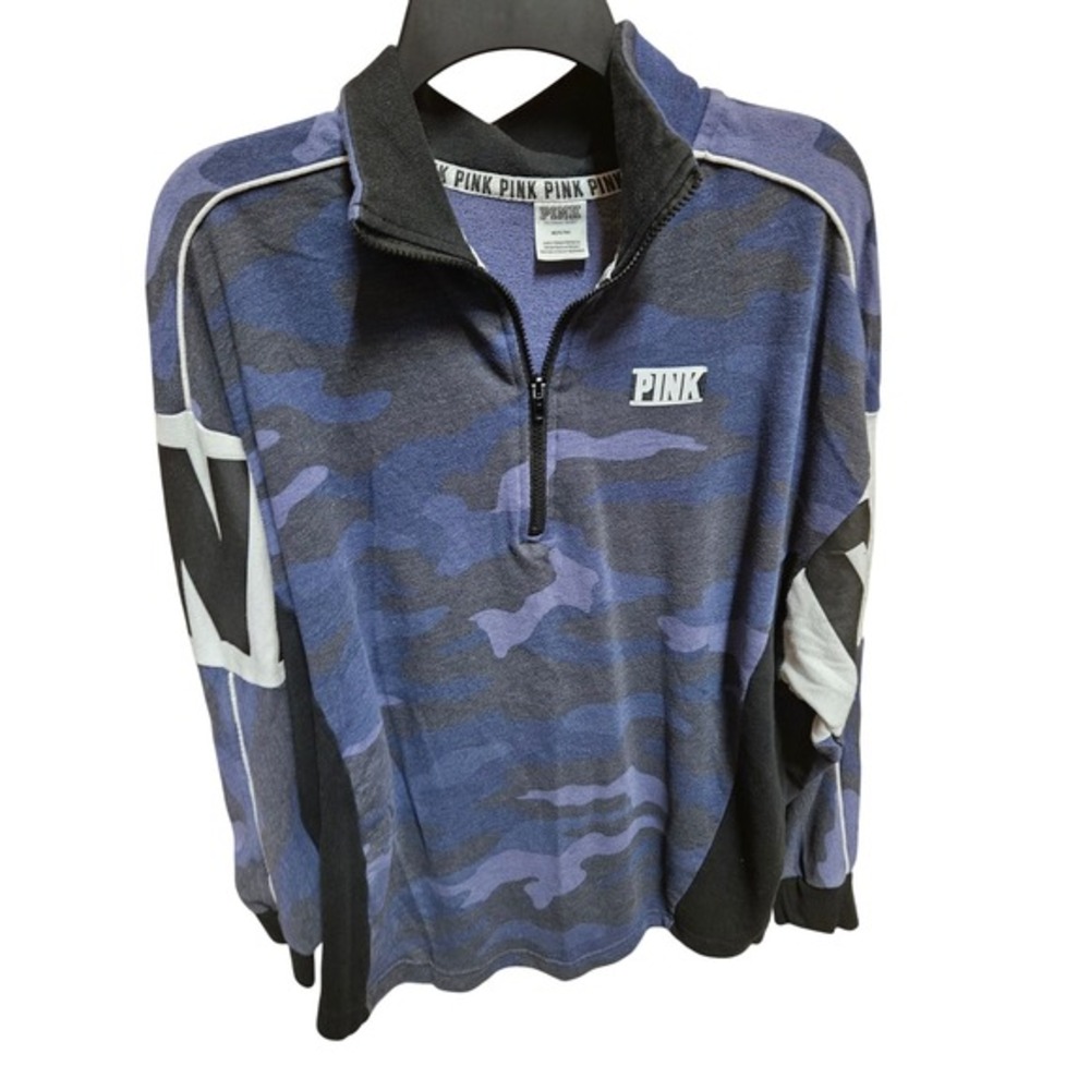 Victoria's Secret PINK‎ Quarter Zip Pullover Blue Camo Long Sleeve